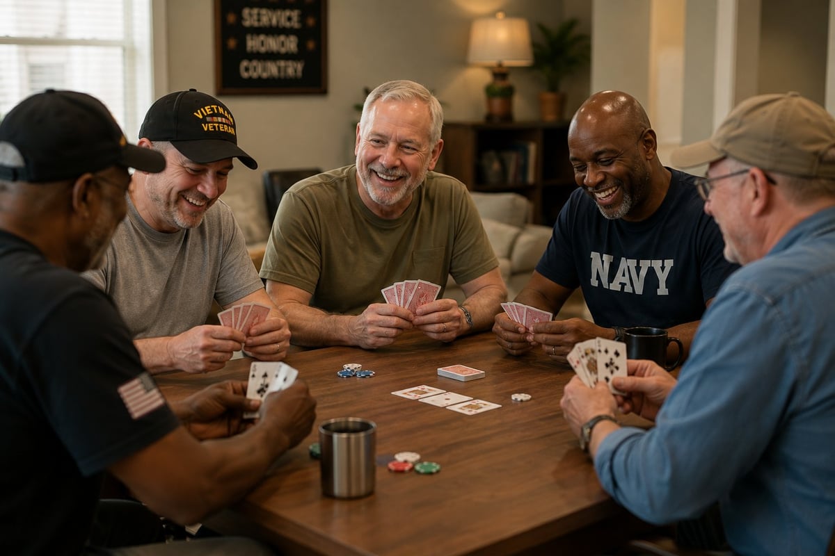 Five men playing poker at a wooden table indoors, smiling and engaged in the card game with chips and drinks