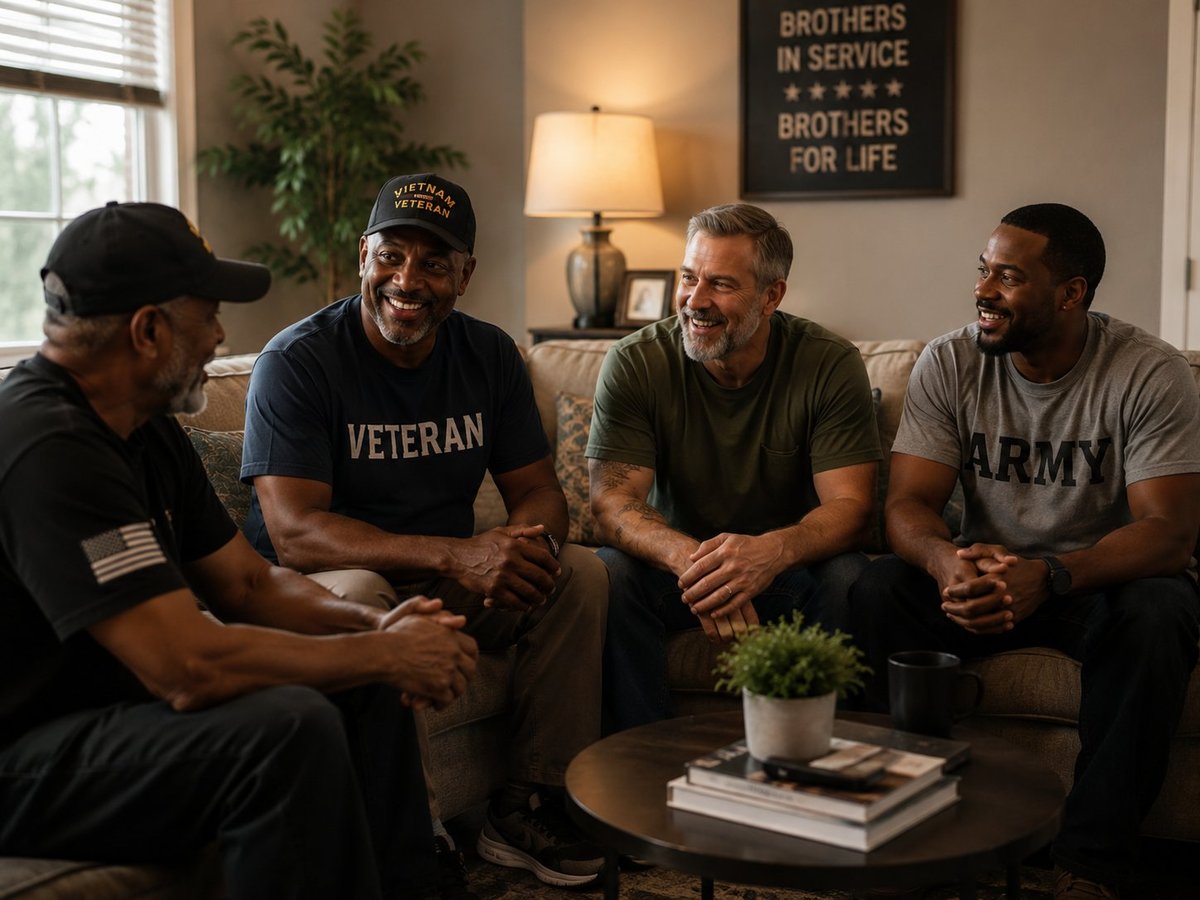 Four military veterans sitting together on a couch in a living room, smiling and socializing indoors